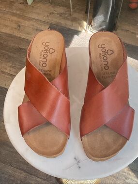 Yokono Women's Genuine Leather Cross-Strap Mules in Cognac Brown